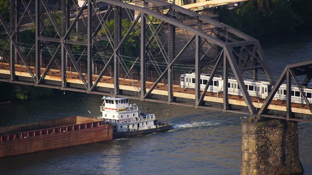 Pittsburgh Coal Barge and Subway Train
