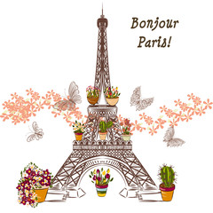 Vector Eiffel tower and potters fully of flowers. Boutique banne © Mary fleur