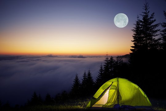Tent Camping in a Forest - a tent pitched tent pitched in the night sky with a full moon