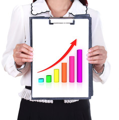 business woman holding a clipboard with business graph