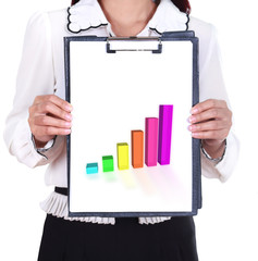 business woman holding a clipboard with business graph