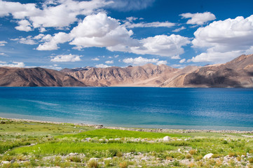 Pangong Lake in Ladakh, Jammu and Kashmir State, India. Pangong Tso is an endorheic lake in the Himalayas situated at a height of about 4,350 m