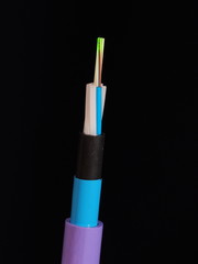 Violet jacketed fiber optic cable with stripped and exposed fibers lit by green laser light in...