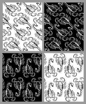 Set of seamless hand drawn patterns with scorpions