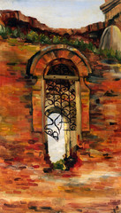 Arched window with bars in the old ruined Church. Oil painting