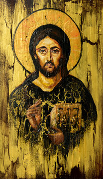 Hand painted picture of Jesus Christ Pantocrator styled on the old orthodox icon.