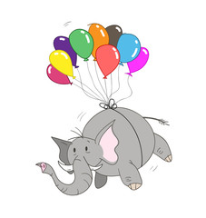 Elephant, a hand drawn vector illustration of an elephant tied to colorful balloons.