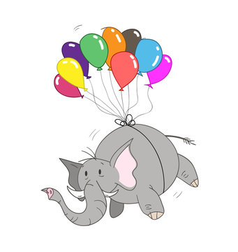Elephant, a hand drawn vector illustration of an elephant tied to colorful balloons.