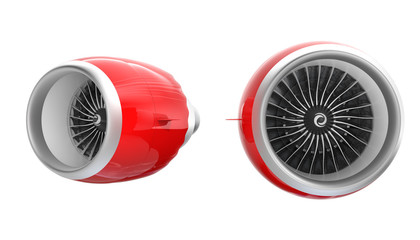 Two Jet turbofan engines with red cowl isolated on white background. 