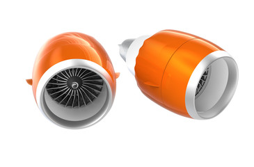 Two Jet turbofan engines with orange cowl isolated on white background. 