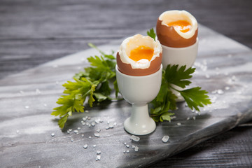 Boiled eggs on marble background