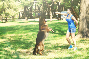 Beautiful young girl with dog in park