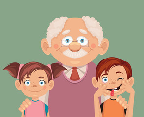 Grandfather and grandchildren. Vector flat illustration