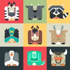 Set flat square icons of a cute animals