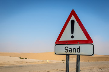 Fototapeta premium Sand Signal Board in the Desert, Namibia, Africa