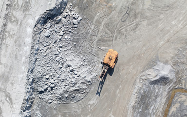 Aerial view of the earth mover in the quarry