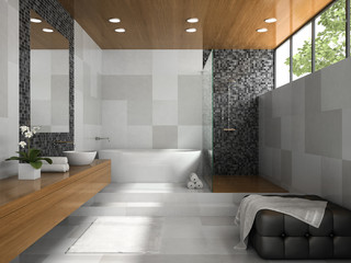 Interior of  stylish bathroom with grey walls 3D rendering