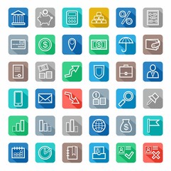 Icons, Bank, Finance, white outline, coloured background with shadow. 