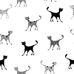 the seamless pattern with comic and funny cats.