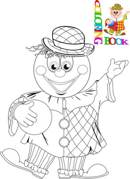 
The illustration shows a funny cartoon clown with a ball in hand. Illustration done in isolation, black and white outline done for coloring book
