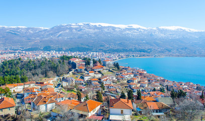  aerial view of unesco world heritage city ohrid in macedonia, fyrom taken from the top of fortress...