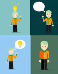 Young businessman thinking of his ideas. Set of flat design