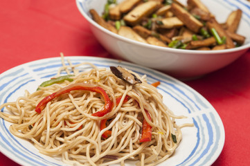 Served veggie chinese food: noodles with vegetables and stir-fried smoked tofu.