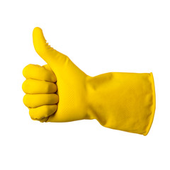 Yellow glove for cleaning on mens arm show thumbs up, isolated o