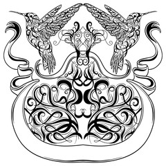 Vintage tattoo art design with hummingbird, decorative calligraphy elements and ribbon banner. Victorian motif. Retro invitation,card, print, t-shirt, postcard, poster.Vector illustration