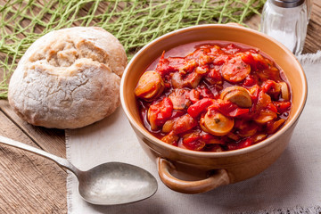 Lecho - stew with peppers, onions and sausages.