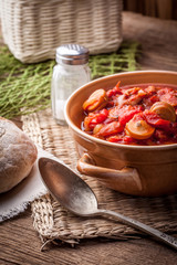Lecho - stew with peppers, onions and sausages.