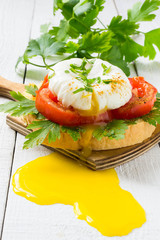 Freshly prepared poached egg with tomato and parsley on toast