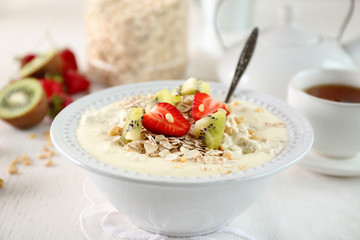 Healthy breakfast with homemade oatmeal, close up