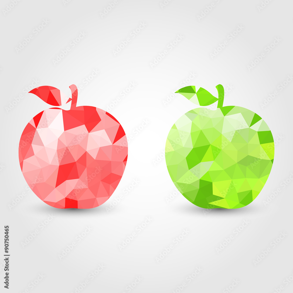 Poster red and green apple polygon icon in modern style with shadow and gray background. bright geometric s