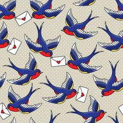 Vector old school seamless pattern with birds and love letters