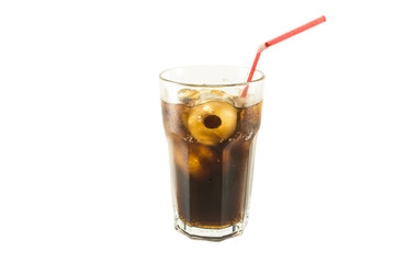 Glass of cola red straw with roll ice isolate white background