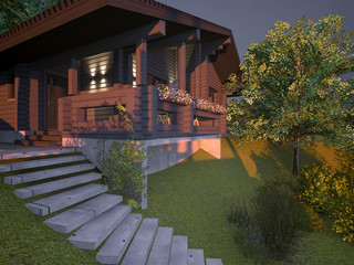Country house night illumination 3d rendering