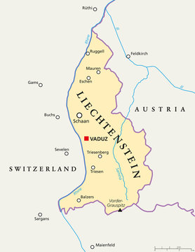 Liechtenstein political map with capital Vaduz, national borders, important cities and rivers. English labeling and scaling. Illustration.
