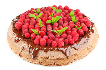 Cake with Chocolate Glaze and raspberries isolated on white