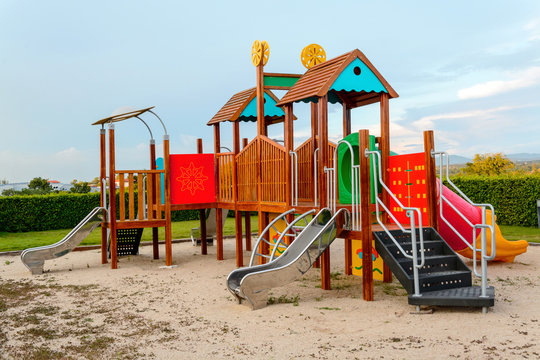 Playground and lawn with blue sky