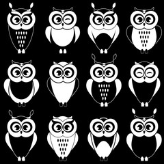Set of cute black and white owls
