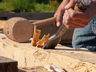 Chiseling a Timber Frame Mortise - 90753809