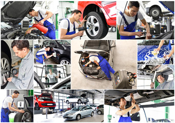 Mechaniker repariert Auto in einer Werkstatt - Collage mit verschiedenen Motiven // mechanic in...