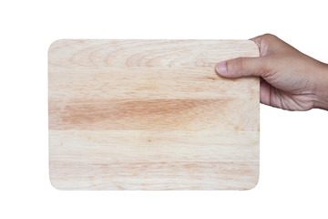 hand holding wooden sign isolated on white