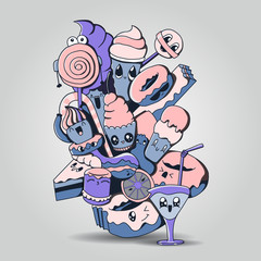 Big composition of  bakery products characters  for yours cards