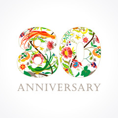 80 anniversary folk logo. Template logo 80th anniversary in folk style with bird.
