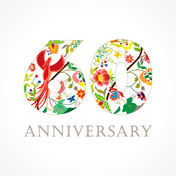 60 anniversary folk logo. Template logo 60th anniversary in folk style with bird.