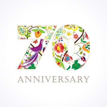 70 anniversary folk logo. Template logo 70th anniversary in folk style with bird.