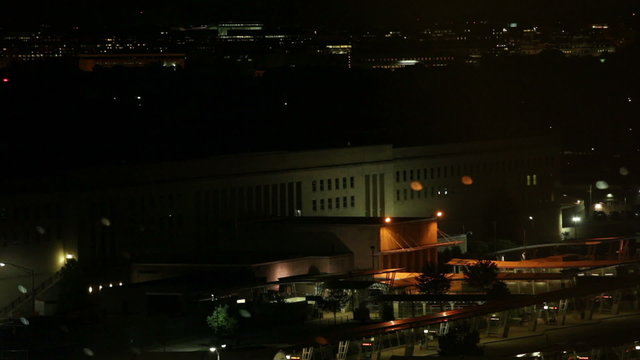 Closeup of the Pentagon building at night in Washington DC, USA.