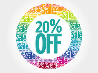 20% OFF stamp vector words cloud, business concept background